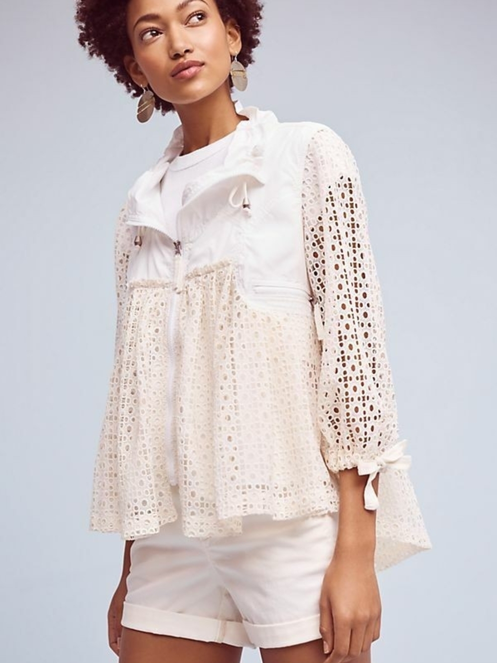 HEI HEI Cream Eyelet Tunic Jacket with Peplum Hem. Size Medium